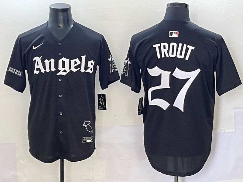Men 2025 Los Angeles Angels 27 Trout Black Five generations Joint Name Nike MLB Jersey style 18